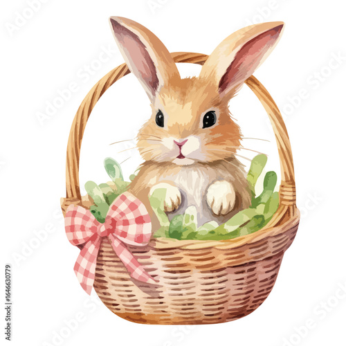 watercolor pet bunny in a heart-shaped basket illustration