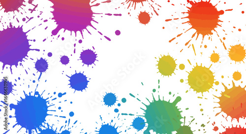Colorful paint splashes are arranged around a central white space on a white background