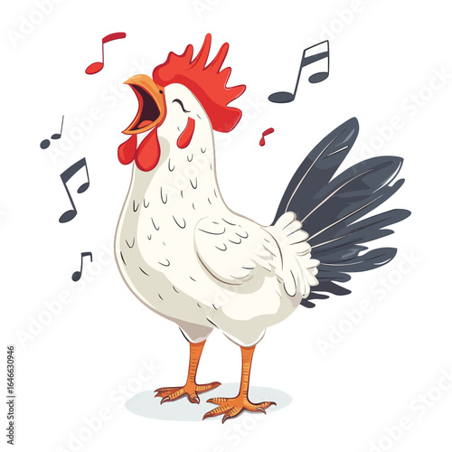 Singing Rooster with Open Beak Surrounded by Musical Notes Illustration
