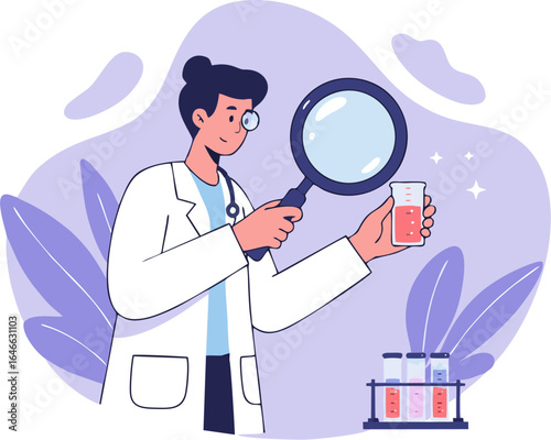 A female scientist in a lab coat examines a chemical sample in a beaker with a large magnifying glass.