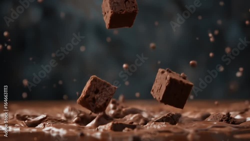 Captivating slow-motion of chocolate brownies falling into chocolate liquid creating splash effect