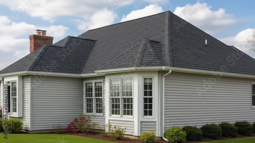 Residential house exterior featuring a new dark asphalt shingle roof, gray vinyl siding, and a bay window