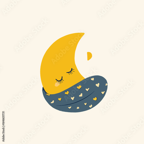 Sleepy Crescent Moon Snuggled in a HeartEmbellished Blanket Dreaming