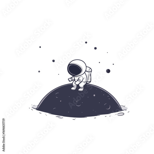 Small Astronaut on a Dark Celestial Body in Space