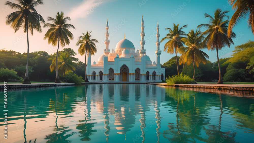 Naklejka premium view of the white mosque with a calm water mirror
