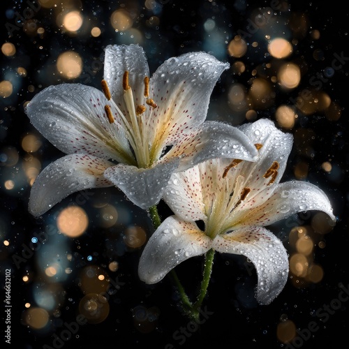 Two dew-kissed white lilies with speckled centers, elegantly posed against a bokeh backdrop of warm-toned lights and dark background