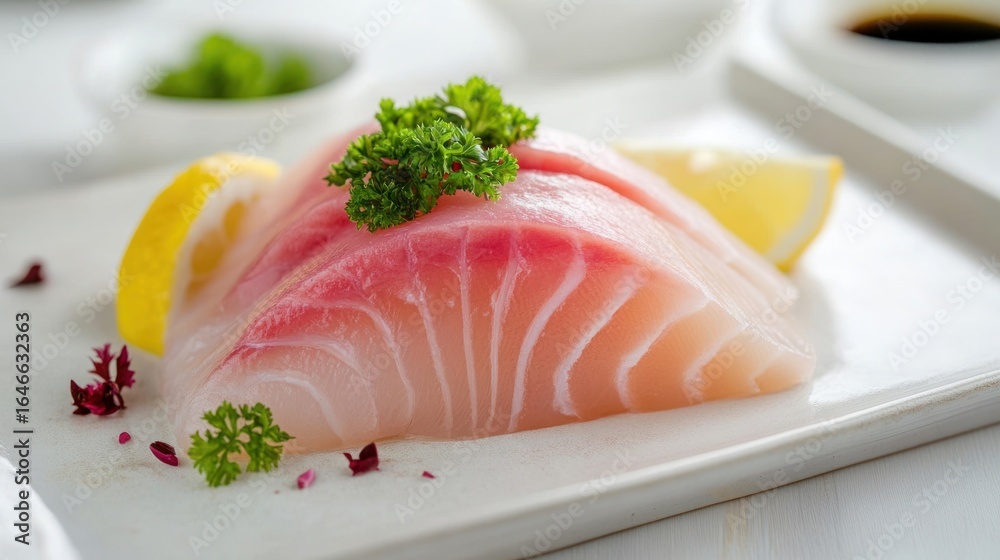 Fresh Fish Slices on Plate with Lemon and Herbs, Prepared for Sushi Fresh Fish Slices on Plate with Lemon and Herbs, Prepared for Sushi
