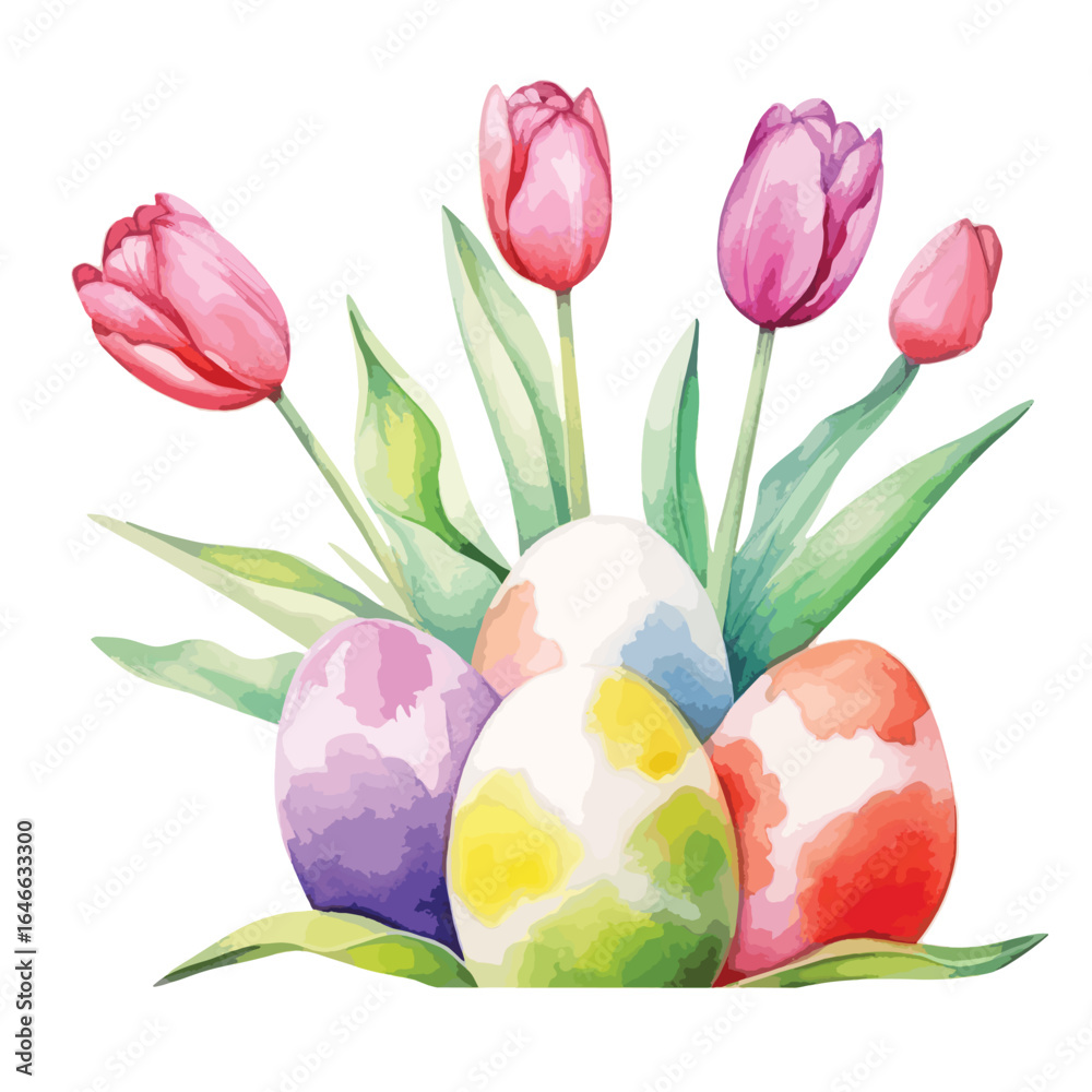 Fototapeta premium watercolor tulips with hidden Easter eggs illustration