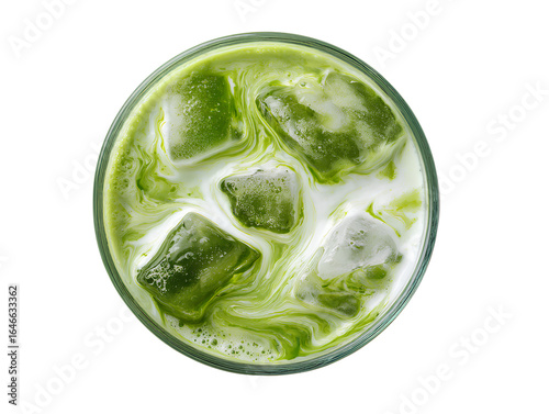 Top-Down View of Iced Matcha Latte with Visible Swirls and Ice Cubes, Minimalist Composition, Isolated on Transparent Background