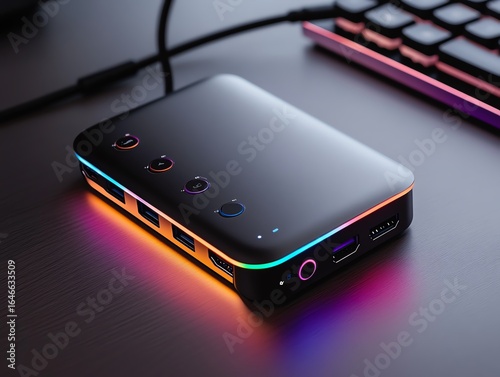 A USB docking station glowing with multicolored lights in a gaming setup