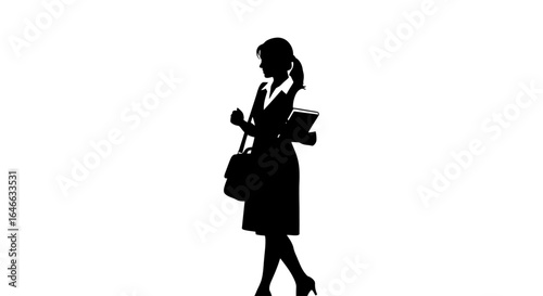 confident businesswoman walking to success silhouette of a determined professional woman carrying files and briefcase representing ambition and career growth
