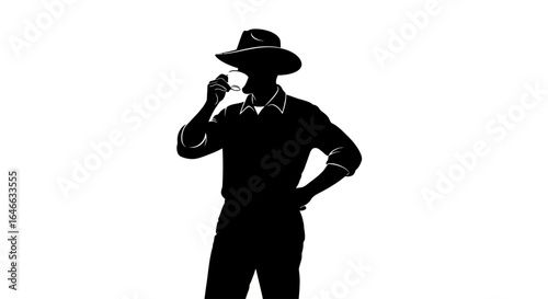 silhouette of a man in a hat enjoying a coffee break a powerful image for business relaxation and achieving success