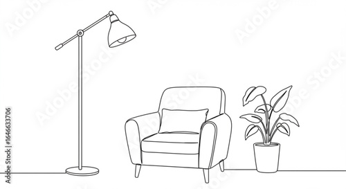 Cozy armchair with floor lamp and potted plant creating a comfortable reading nook ambiance