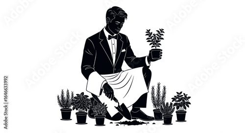 elegant waiter tending to herb garden a culinary concept illustrating freshness quality and highend restaurant service