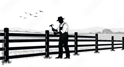 hardworking farmer building a strong fence securing property and protecting livestock in a serene rural landscape