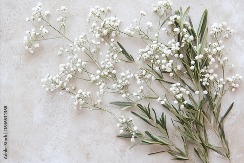 Delicate White Baby's Breath and Olive Branches on Textured Gray