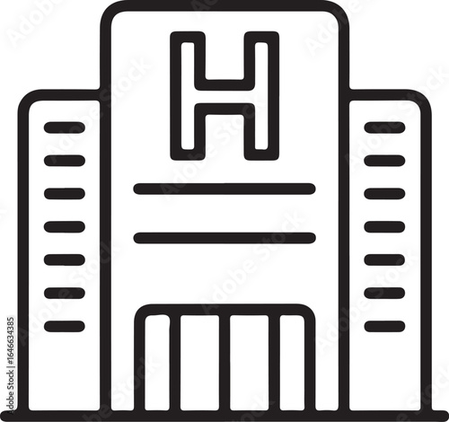 Modern hospital building facade with a prominent h symbol indicating healthcare services