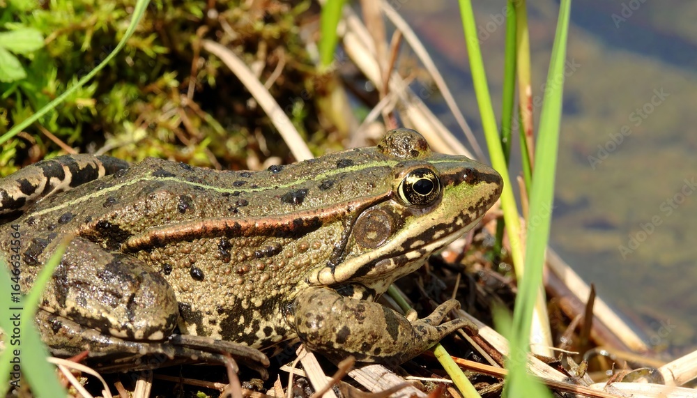 Obraz premium Single adult American bullfrog resting on land surrounding with tall green weeds and dense bushes nearest with natural beautiful lake