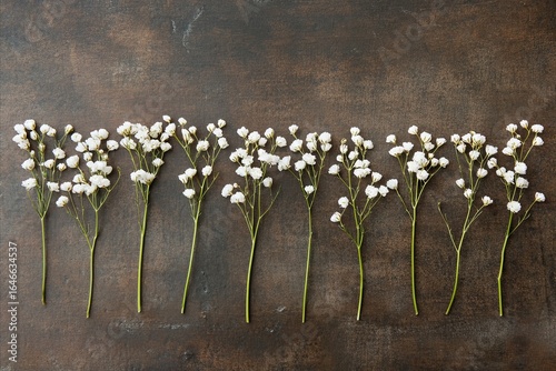 Delicate White Baby's Breath Stems Arranged on Rustic Brown Surf