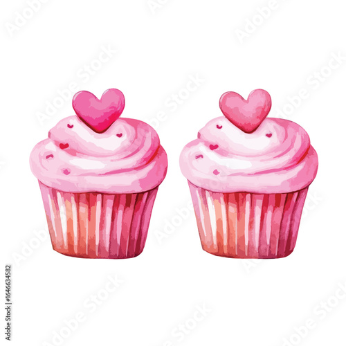 watercolor Two heart shaped cupcakes illustration