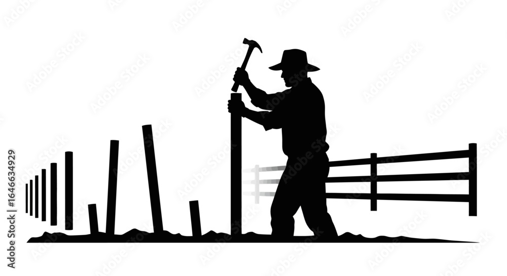 Obraz premium building a strong foundation a silhouette of a farmer constructing a fence representing resilience hard work and the growth of a successful business