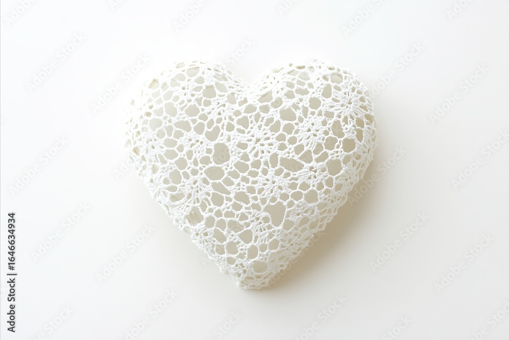 Fototapeta premium Delicate white crocheted heart casting a soft shadow on a clean