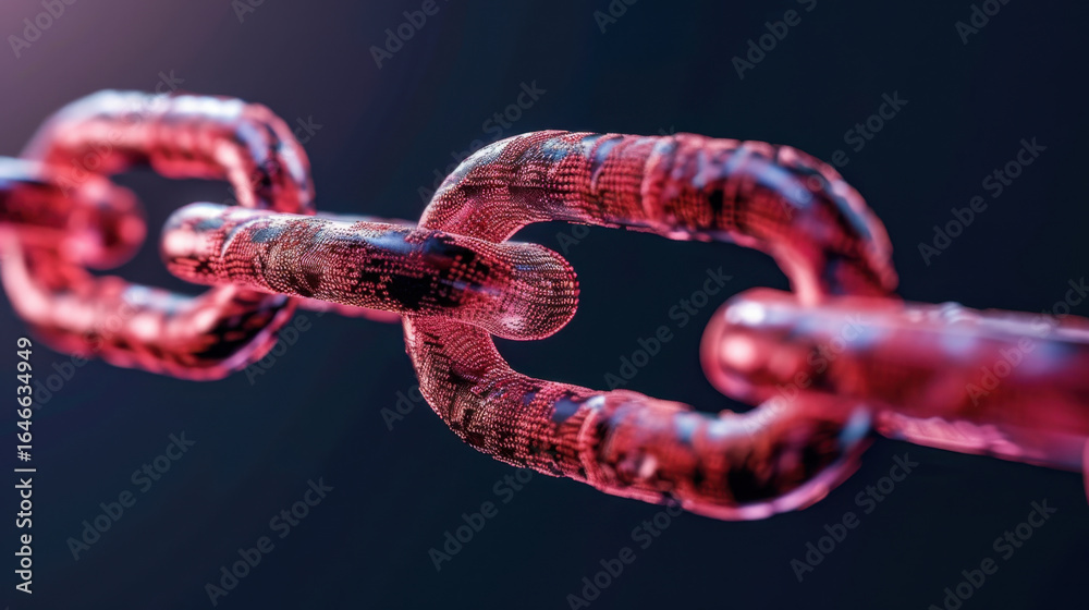 Digital chain links with vibrant red and black pattern symbolize blockchain technology, showcasing fusion of binary code and modern connectivity. image evokes sense of innovation and security Digital chain links with vibrant red and black pattern symbolize blockchain technology, showcasing fusion of binary code and modern connectivity. image evokes sense of innovation and security