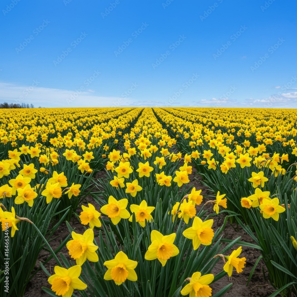 Fototapeta premium Vibrant Yellow Daffodil Field Under a Sunny Sky