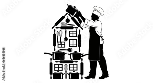 chef building a culinary home silhouette illustration of a cook constructing a house from kitchen utensils perfect for restaurant menus cookbooks or culinary blogs