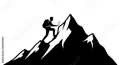 achieving business success a silhouette of a determined entrepreneur ascending a mountain peak with laptop symbolizing challenges overcome and reaching the summit of professional goals