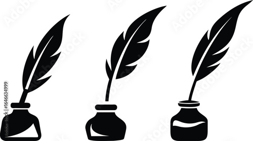 A set of  three classic quill inkwell vector silhouette designs. Simple collection. Isolated bundle.	