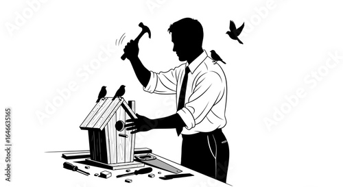 businessman building birdhouse crafting solutions finding balance and achieving worklife harmony