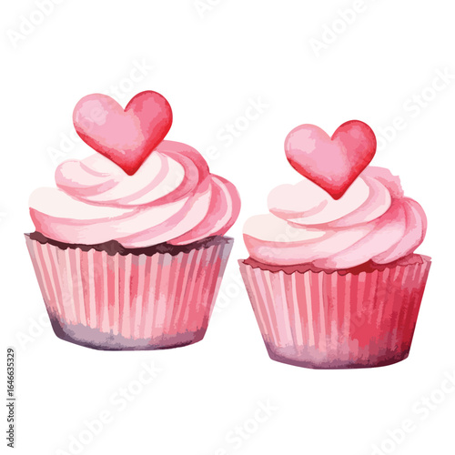 watercolor Two heart shaped cupcakes illustration