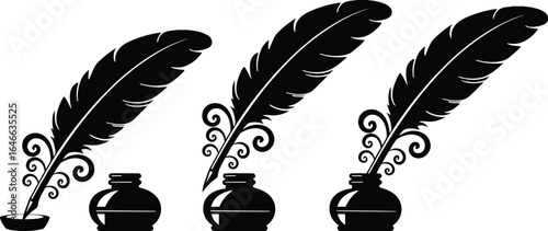 Ornate Vintage Writing Set - Embellished Feather Pen and Inkwell Silhouette, EPS JPEG PNG