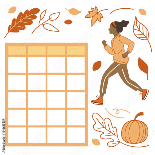 Autumn fitness tracker with running woman and seasonal elements