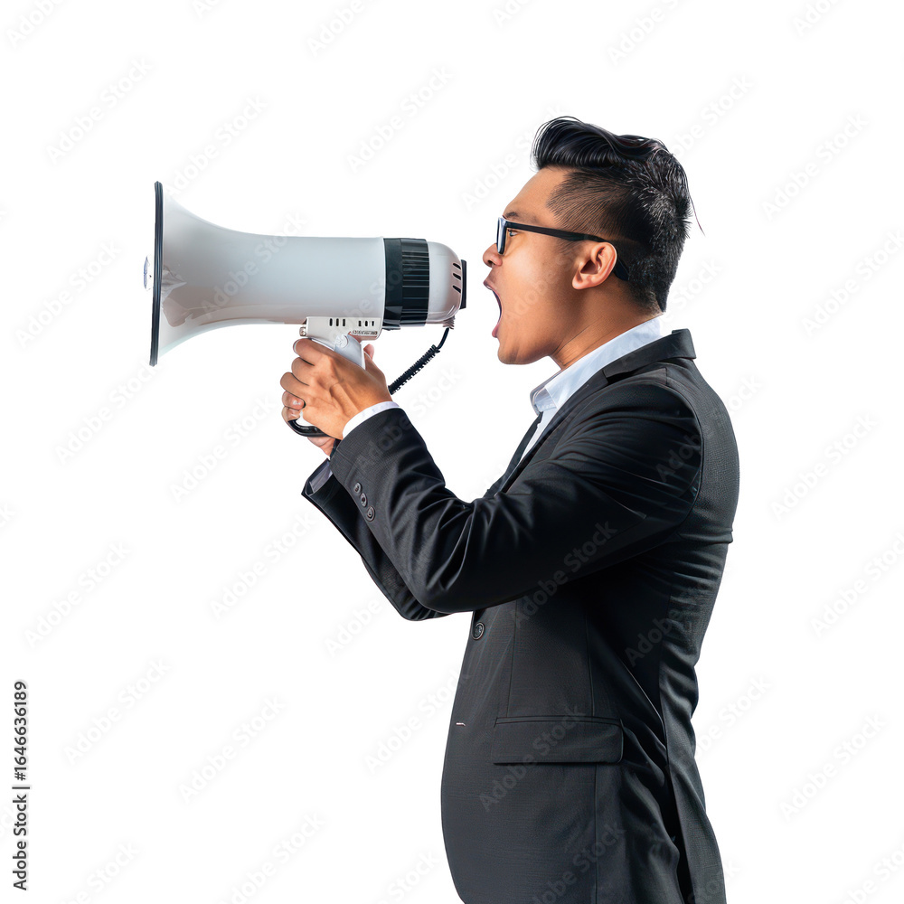 A man in a suit shouting into a megaphone. A man in a suit shouting into a megaphone.