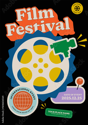 Movie festival poster template vintage film sticker icon minimal style on black background