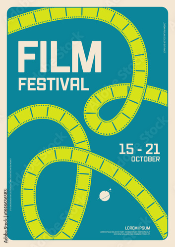 Film and movie festival poster template design with filmstrip line minimal vintage retro style background.