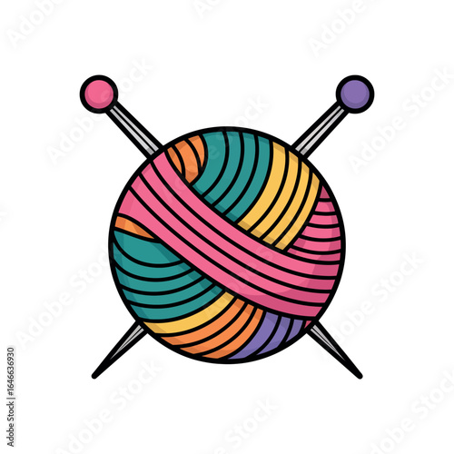 Colorful yarn ball with knitting needles crossed on white background wool craft