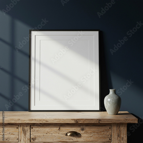 A blank vertical picture frame mockup on a rustic wooden console against a dark blue wall with sunlight and shadows.