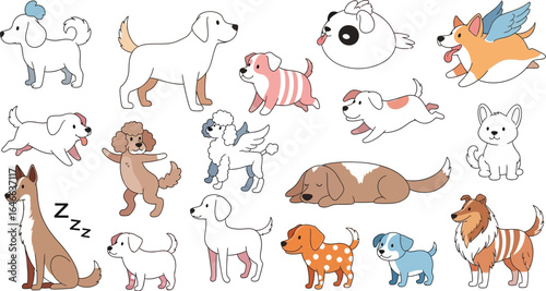 Collection of cartoon dogs in various poses and colors on white background