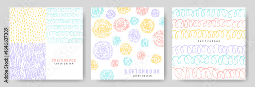 Abstract background sketchbook cover templates. Pastel colors and doodles. Design for notebooks, planners, flyers, brochures, posters and packaging.