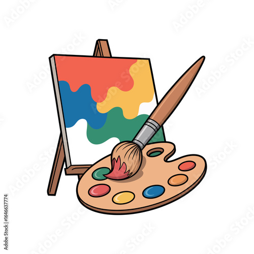 Cartoon painting easel with colorful abstract art and artist palette brush