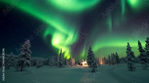 Spectacular aurora borealis over snowy forest and cabin at night. Magical winter.