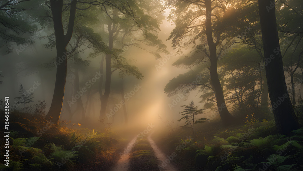 Obraz premium A misty forest path bathed in golden sunlight, leading into the distance between tall trees.