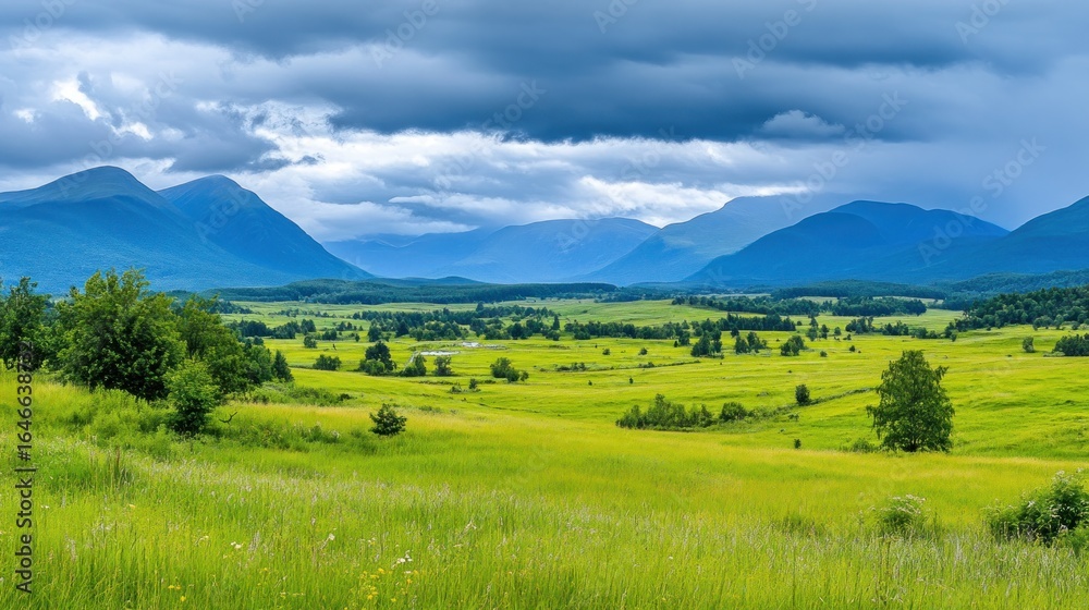 Fototapeta premium Serene Mountain Meadow Landscape under a Cloudy Sky