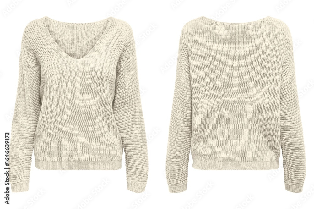 Fototapeta premium Sweater Featuring a V-Neck Design and Long Sleeves in a Light Beige Color, Showcasing a Cozy Knit Texture and Versatile Style for Casual Wear.