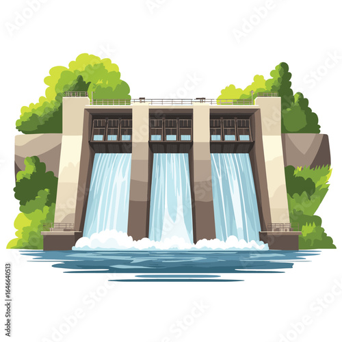 Hydroelectric Dam, Water Flowing, Isolated on White Background, vector style simple color