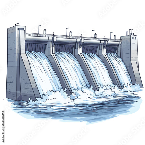 Hydroelectric Dam, Water Flowing, Isolated on White Background, vector style simple color