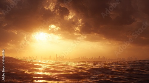 Fototapeta Naklejka Na Ścianę i Meble -  Golden sunset over a city shrouded in stormy clouds, reflecting on a rippling sea